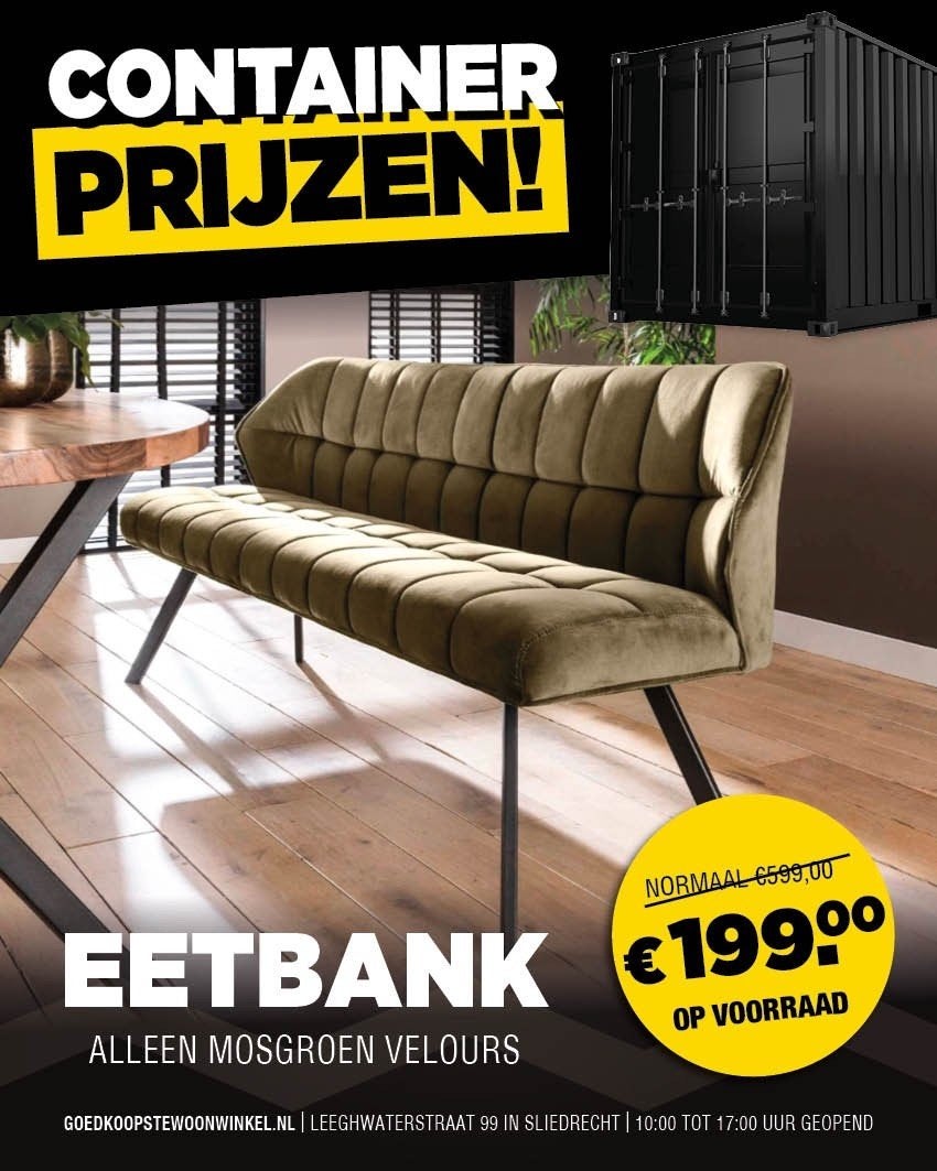 Eetkamerbank Mosgroen Velours - Nu €199!, Ophalen of Verzenden, Nieuw, Stof, Modern, Comfortabel