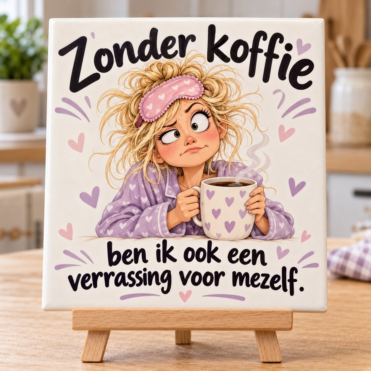 Tegeltje 'Zonder koffie ben ik ook een verrassing', Huis en Inrichting, Inclusief standaard, Verzenden, Nieuw, 11 cm