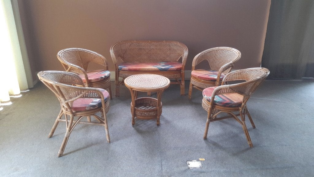 Complete rotan zitgroep met salontafel en kussens, Ophalen, Gebruikt, Riet of Rotan, Bohemian, Vintage, Landelijk