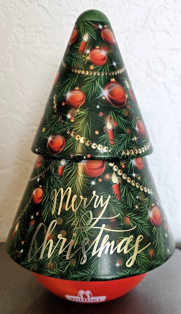 Draaiende blikken kerstmuziekdoos kerstboom met opbergruimte, Ophalen of Verzenden, Zo goed als nieuw