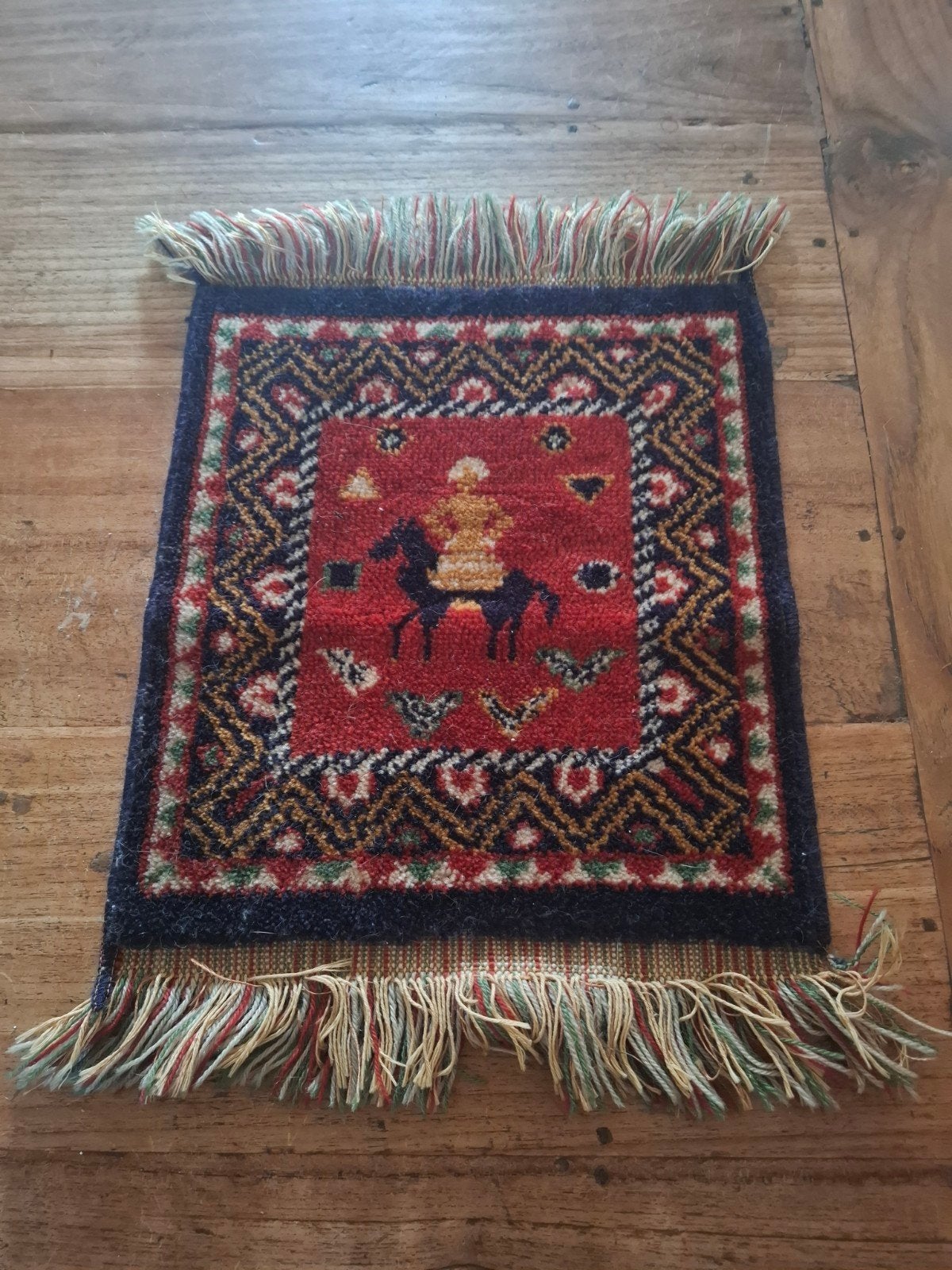 Vintage Perzisch tapijtje met ruiter, ca. 40x32 cm, Ophalen of Verzenden