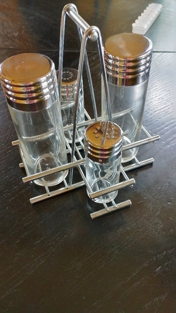 WMF menage 5-delig peper, zout, olie, azijnfles, goede staat, Zilver, Ophalen of Verzenden, Overige merken, Glas