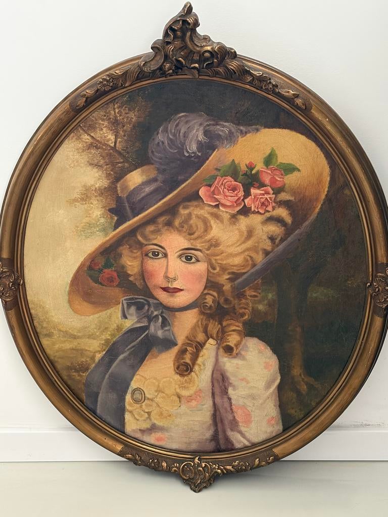 Antiek Olieverf Schilderij: Dame met Hoed, Ovaal, Ophalen of Verzenden