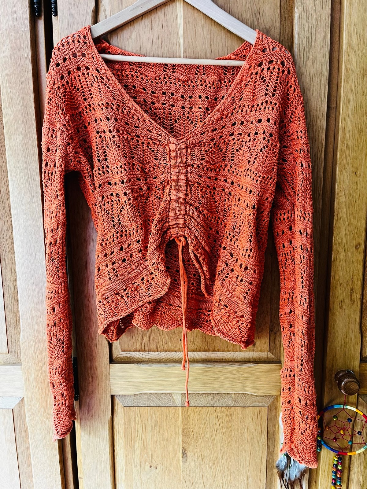 Roest/Oranje gehaakte trui met lange mouwen, Ophalen of Verzenden, Zo goed als nieuw, Maat 42/44 (L), Oranje