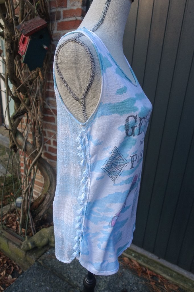 azuur blauwe hippie top M-L, Maat 38/40 (M), Blauw, Ophalen of Verzenden, Zonder mouw