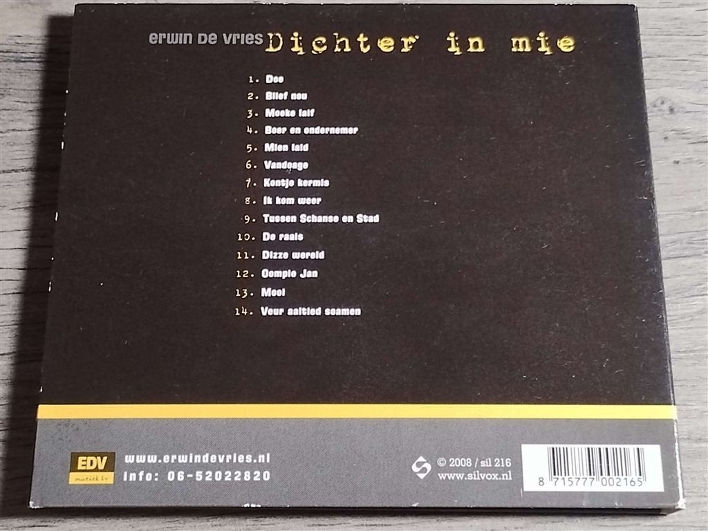 Erwin de Vries ‎– Dichter In Mie [Digipack], Ophalen of Verzenden, Zo goed als nieuw, Levenslied of Smartlap