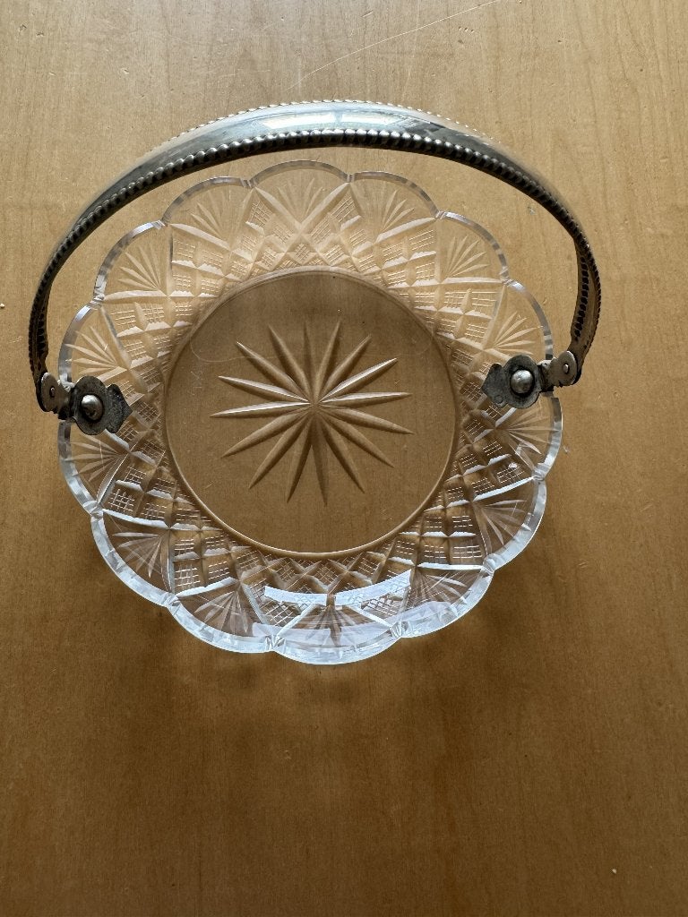 Kristallen/glazen Bonbonnière met zilveren handvat, Ophalen of Verzenden, Zilver