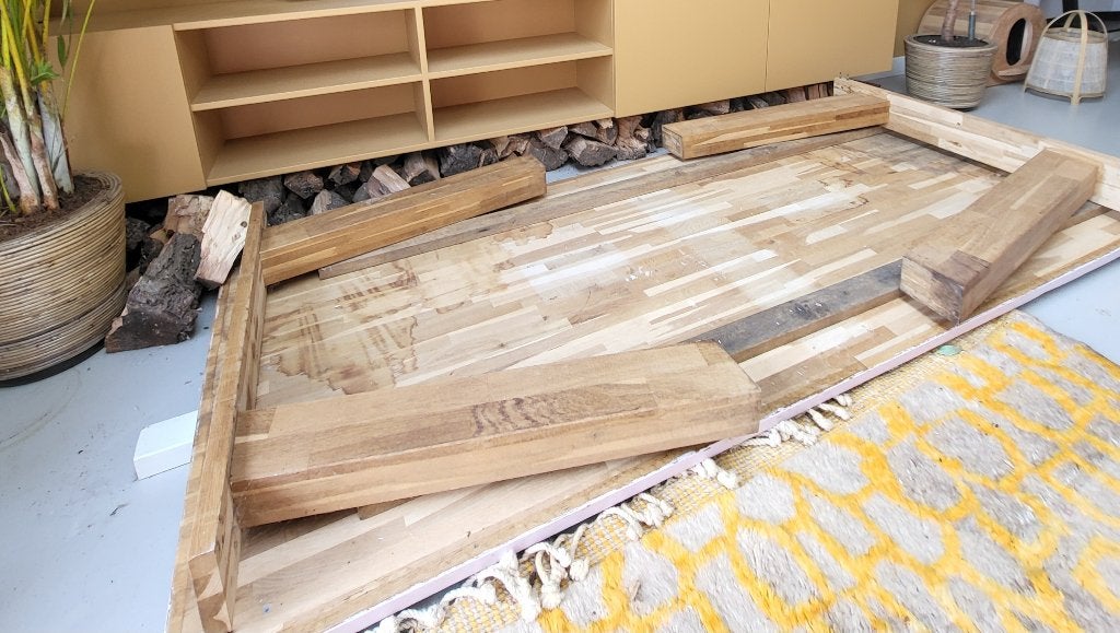 Eikenhout tafel geperst hout lichte kromming, Ophalen, Gebruikt, Eikenhout, 200 cm of meer