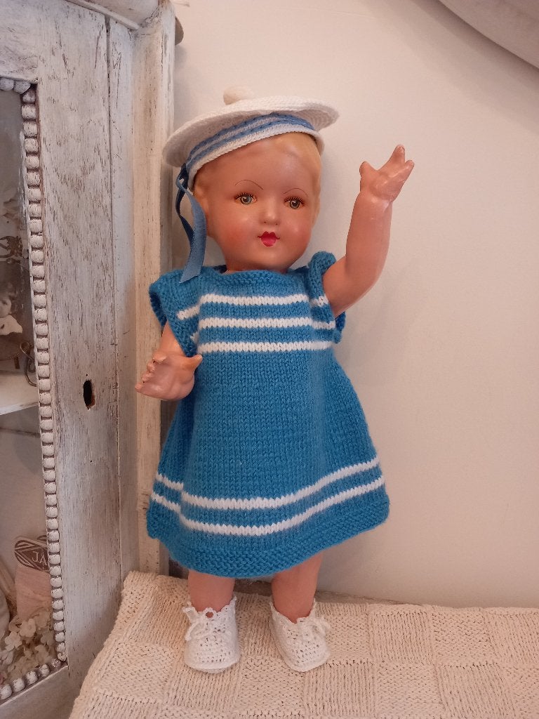 Vintage poppen kleding jurkje, baret, schoentjes jaren 50., Verzamelen, Ophalen of Verzenden, Zo goed als nieuw, Kleertjes