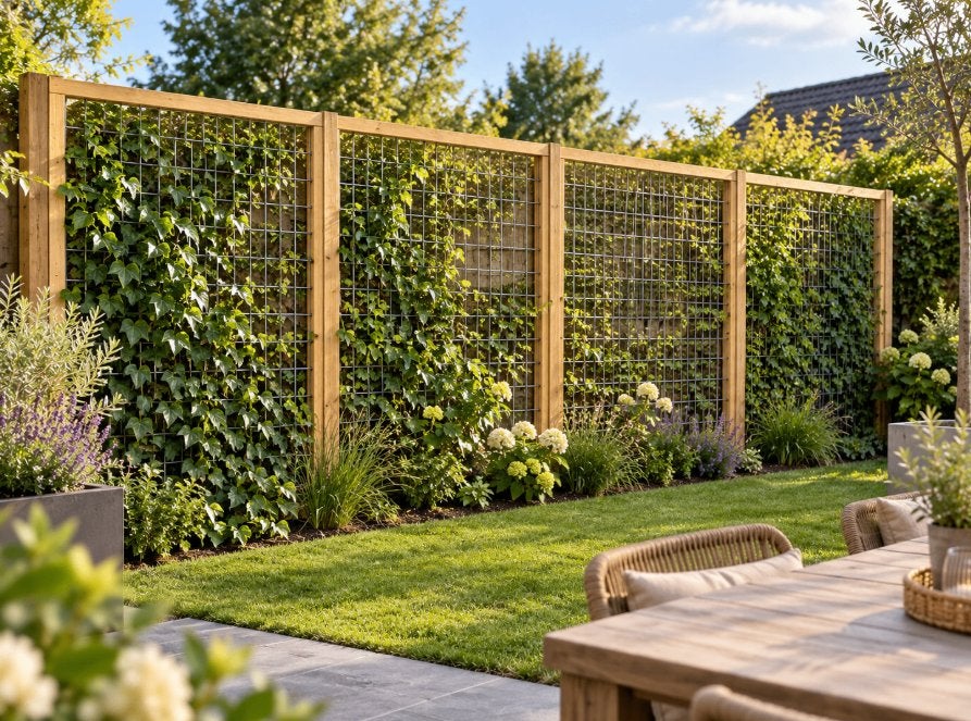 4x Houten Tuinschermen met Gaas – Klimop Hekwerk – 200x200cm, Ophalen, B2b@lampenmeubelen.nl, Hmac, Nieuw