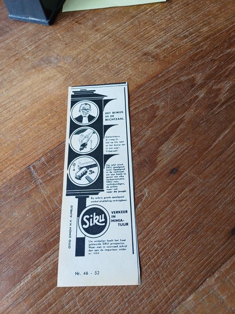 Advertentie van Siku verkeer in miniatuur rechtzaal 1956, Ophalen of Verzenden, Zo goed als nieuw, Overige typen