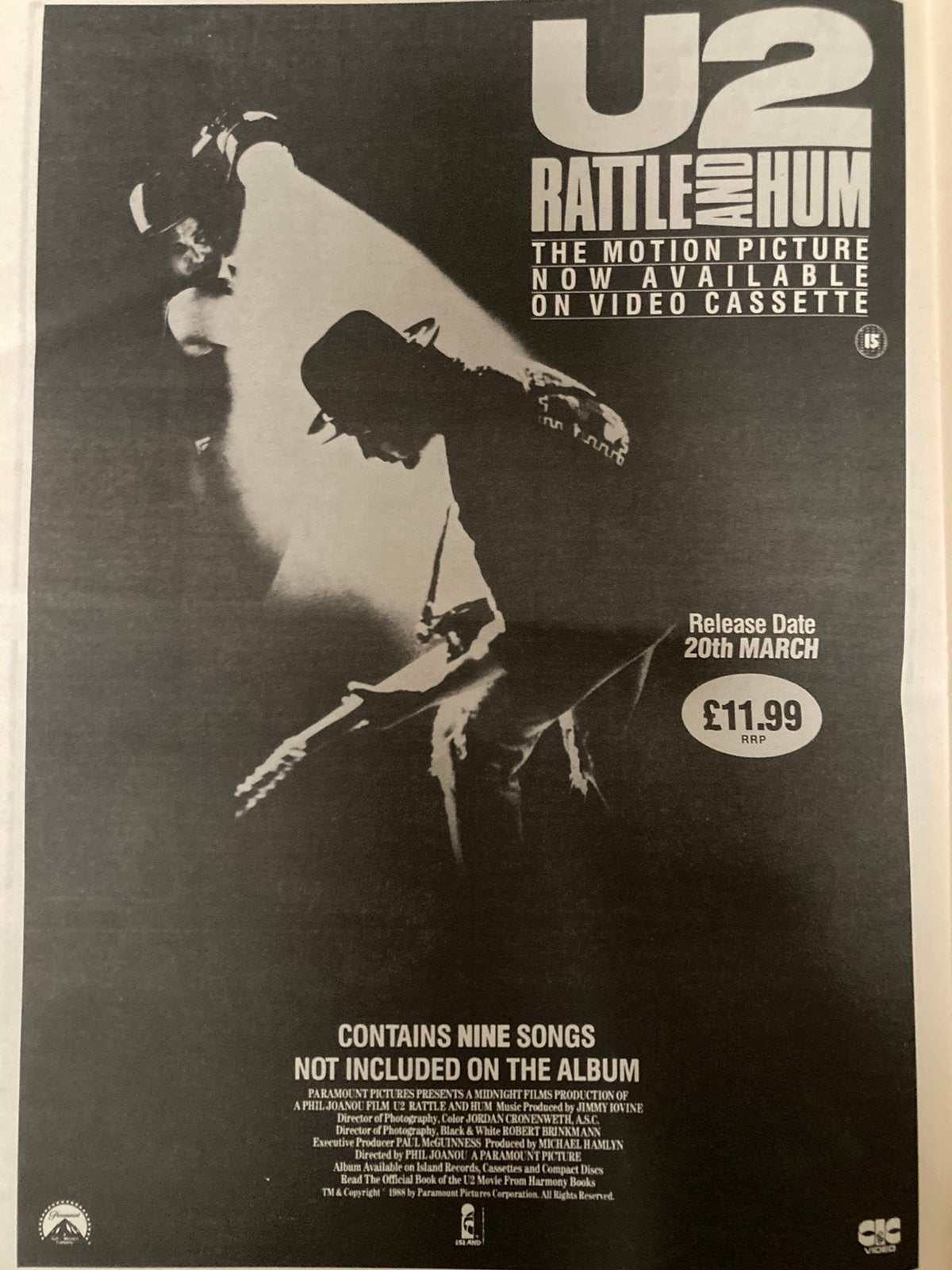 Paginagrote A3 advertentie U2 Rattle & Hum release, Ophalen of Verzenden, Gebruikt, A1 t/m A3