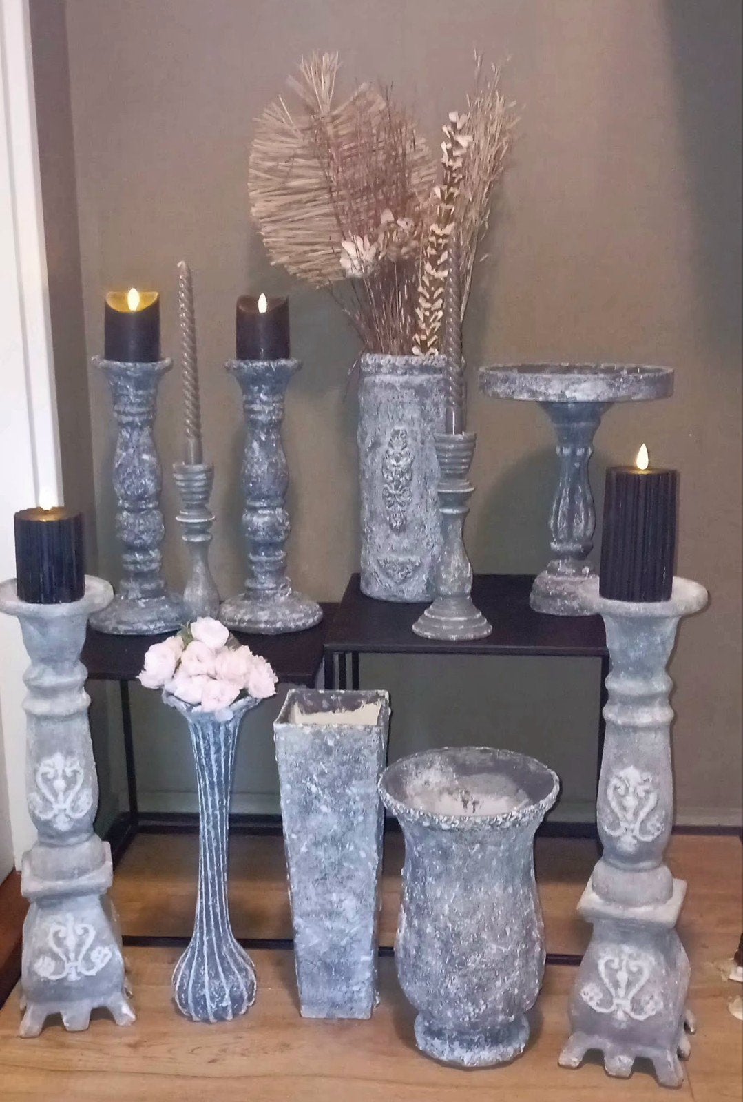 Party betonlook decoratie: kandelaars, vazen, etagere, Huis en Inrichting, Ophalen, Kunststof, Gebruikt, Grijs