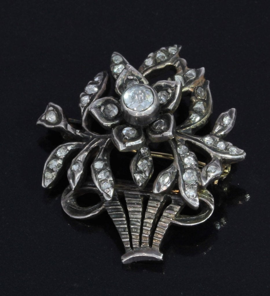 Diamanten antieke giardinetti bloem broche 14k goud zilver, Verzenden, Goud, Broche, Met edelsteen
