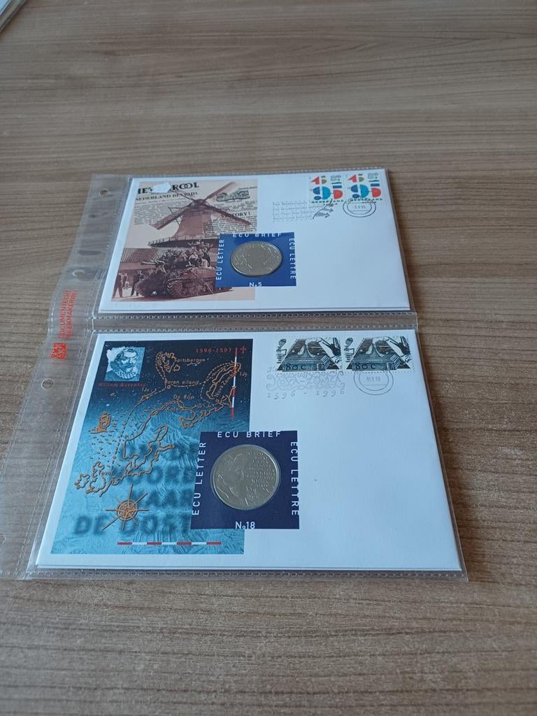 Twee ECU brieven met ieder een munt, Postzegels en Munten, Ophalen of Verzenden, Koningin Beatrix, Euro's