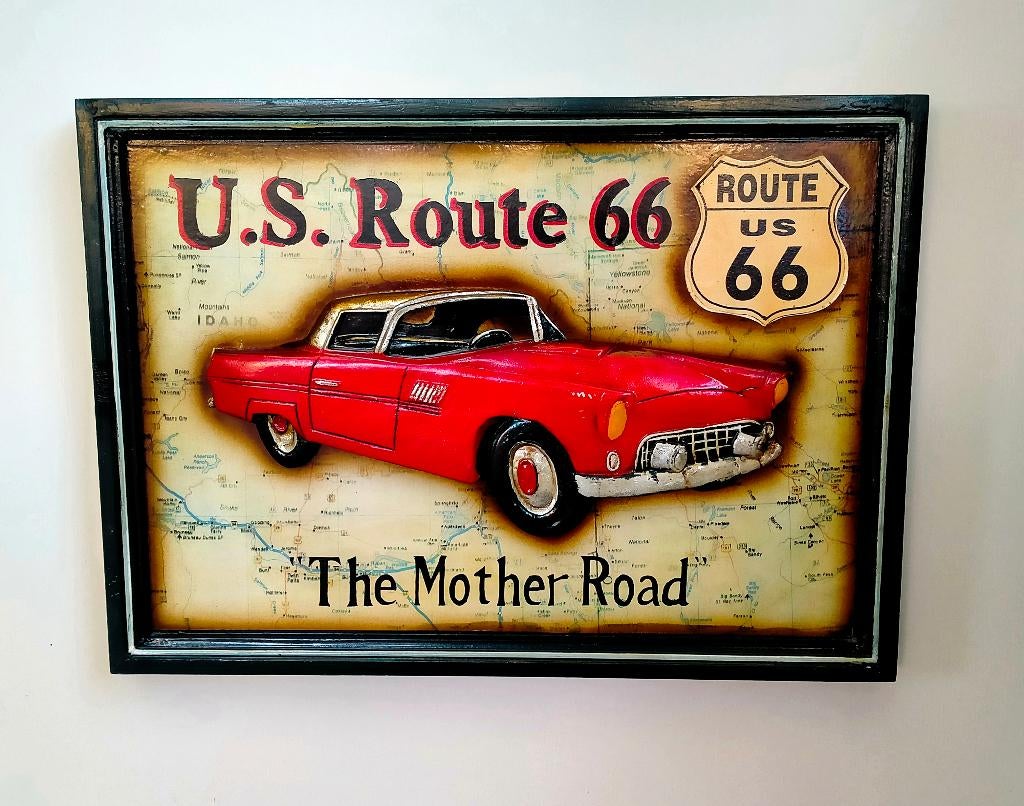 Houten 3D Auto & Route 66 Schilderij Wandbord - 54x38CM, Ophalen of Verzenden, Zo goed als nieuw, Hout, Wandbord of Wandpaneel