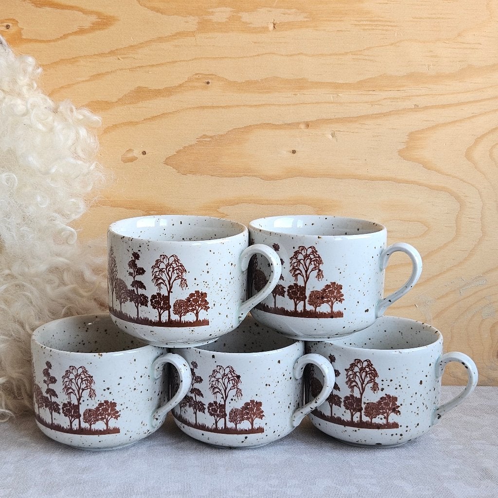 Retro set soepkommen van 5 stuks met bomendecor, Verzamelen, Ophalen of Verzenden, Huis en Inrichting