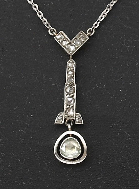 Art Deco design diamant hanger met ketting 14k bicolour goud, Ophalen, Goud, Hanger, Met edelsteen