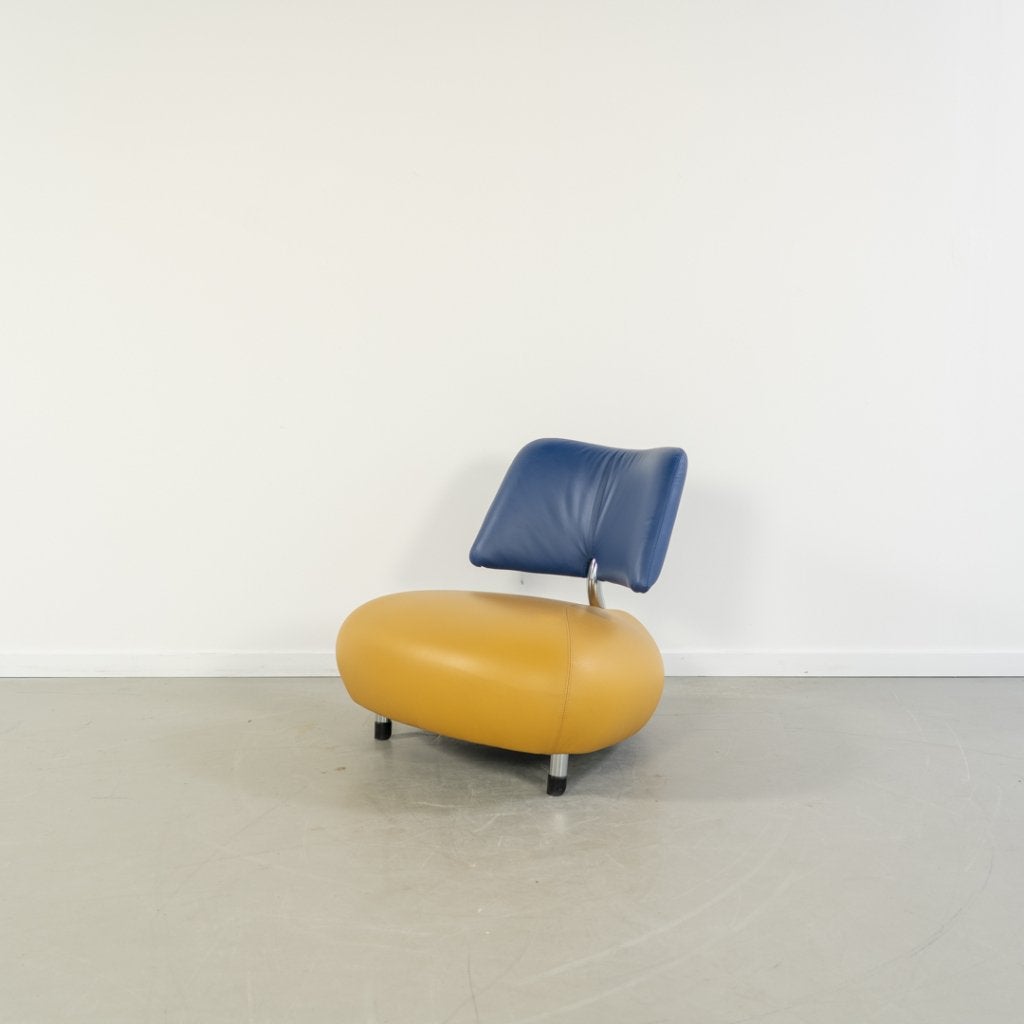 1x Leolux Pallone Fauteuil Okergeel/Blauw Leer - Chroom, Niet ingevuld, Niet ingevuld, 75 tot 100 cm, Ophalen of Verzenden