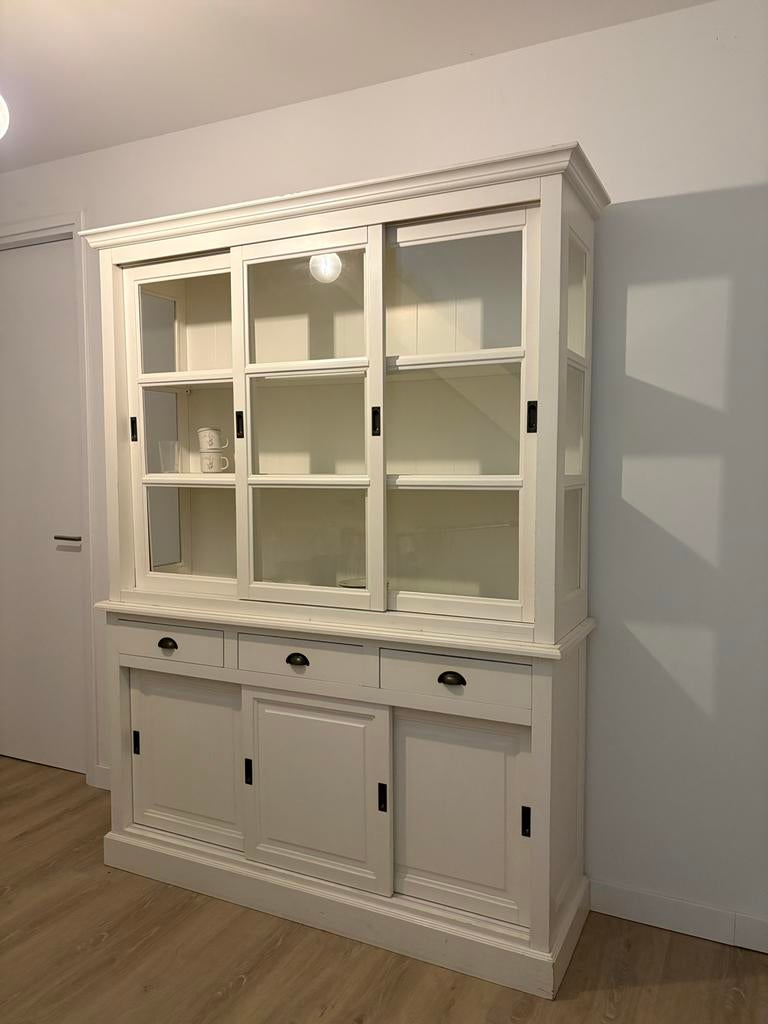 Witte buffetkast met glazen schuifdeuren, Gebruikt, 100 tot 150 cm, Ophalen of Verzenden, Met lade(s)