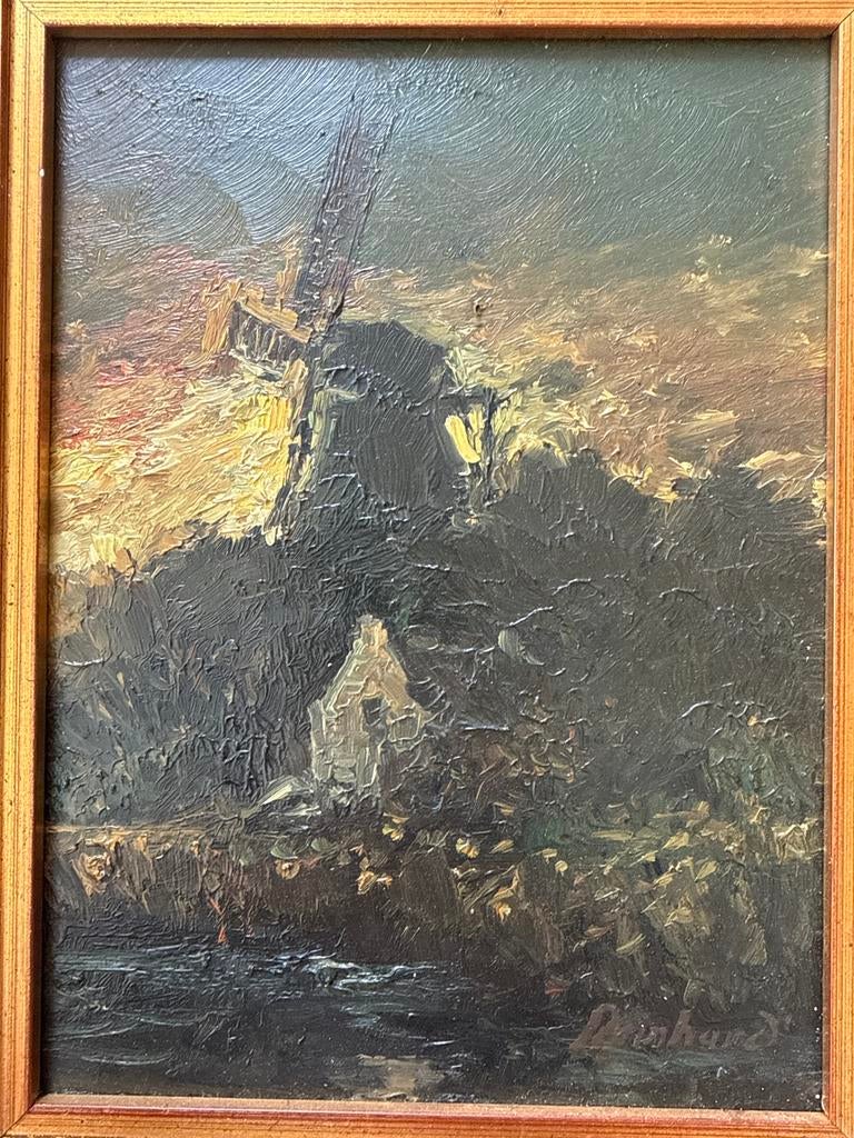 Olieverfschilderij: Hollandse molen bij zonsondergang, Antiek en Kunst, Kunst | Schilderijen | Klassiek, Ophalen of Verzenden