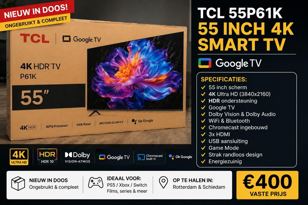 Nieuwe TCL 55 inch 4K Ultra HD Smart TV, 50 Hz, Nieuw, 100 cm of meer, Ophalen