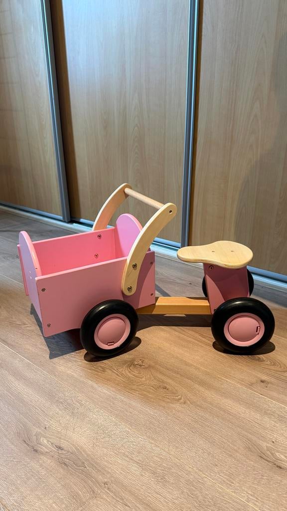 Roze Kinder Bakfiets Loopfiets - Houten Loopvoertuig, Kinderen en Baby's, Speelgoed | Buiten | Voertuigen en Loopfietsen, Gebruikt