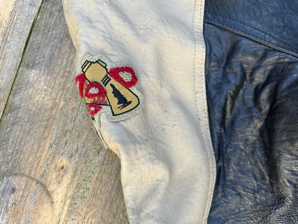 Vintage Avirex Varsity Leren jas Zwart/Beige, Ophalen of Verzenden, Gedragen, Overige maten, Zwart