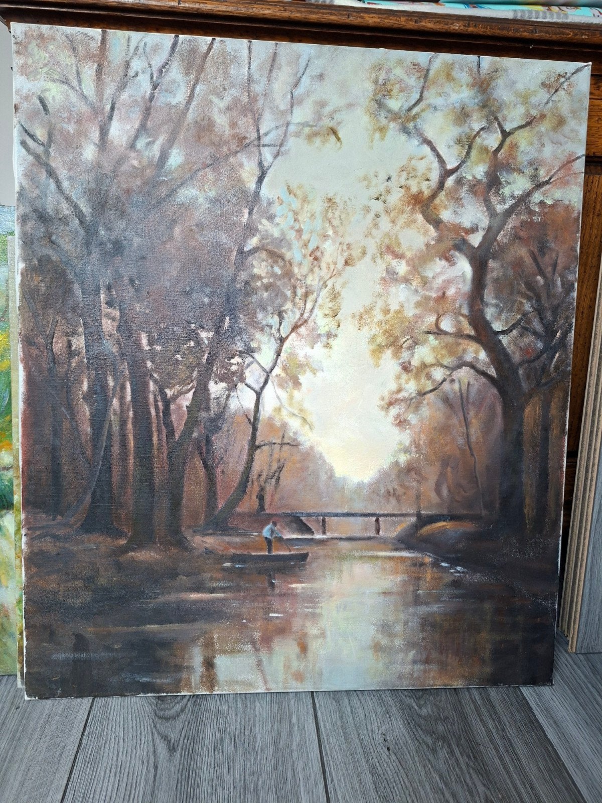 Schilderij Olieverf Landschap met Rivier en Brug, Doek, Realistisch, Ophalen of Verzenden, Landschap