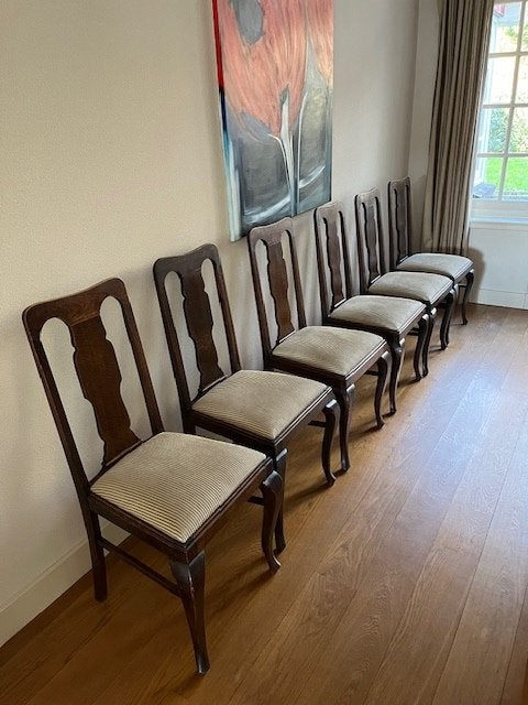 6 prachtige antieke Queen Anne stoelen  nieuw gestofferd, Ophalen, Bruin, Zo goed als nieuw, Vijf, Zes of meer stoelen