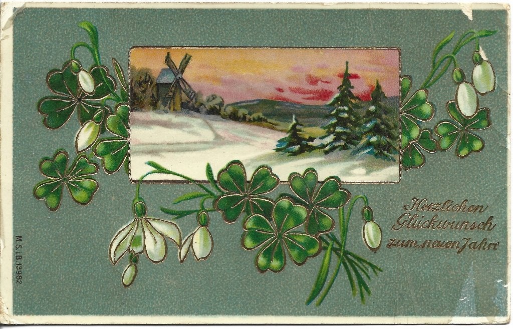Kerst*Nieuwjaar*Antiek*Sneeuwklokjes*Goudopdruk*Klavertje, Verzamelen, Ophalen of Verzenden, Voor 1920, Gelopen, Feest(dag)