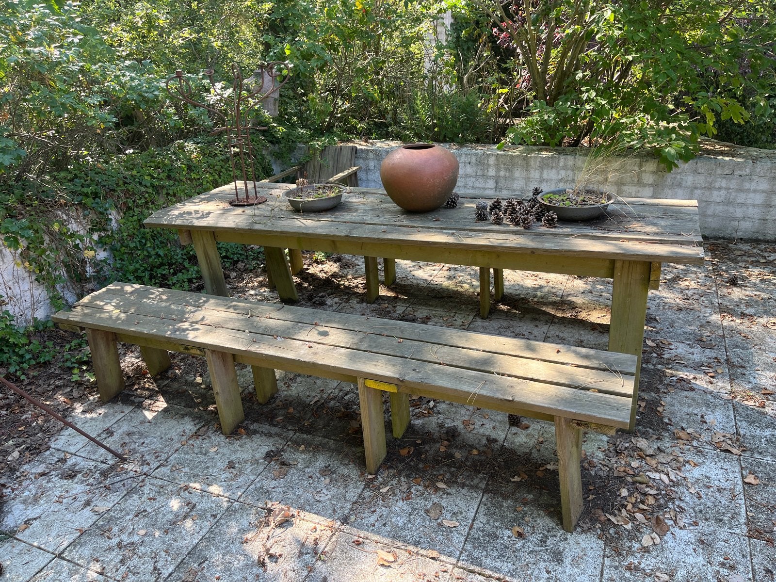 Robuuste houten picknicktafel met twee banken, Ophalen, Gebruikt, A, Rechthoekig