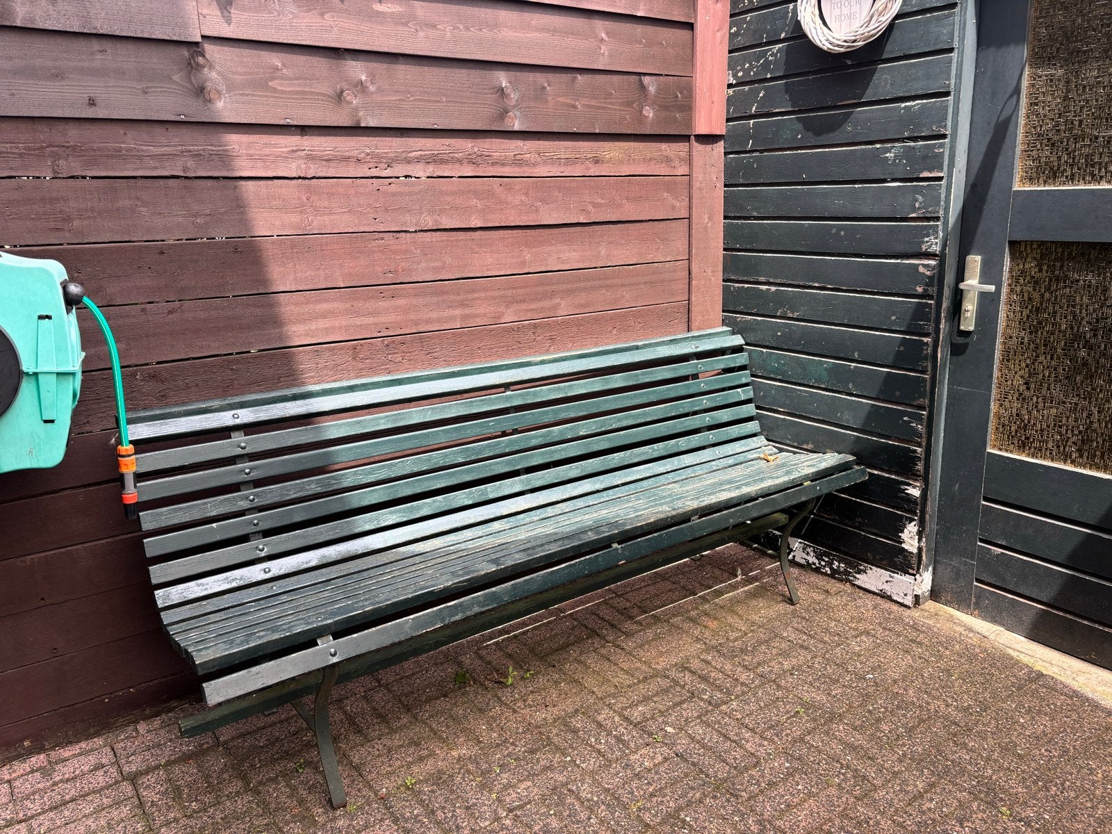 Hardhouten tuinbank met gietijzeren onderstel - 2.10m breed, Tuin en Terras, Tuinbanken, Ophalen, Hout