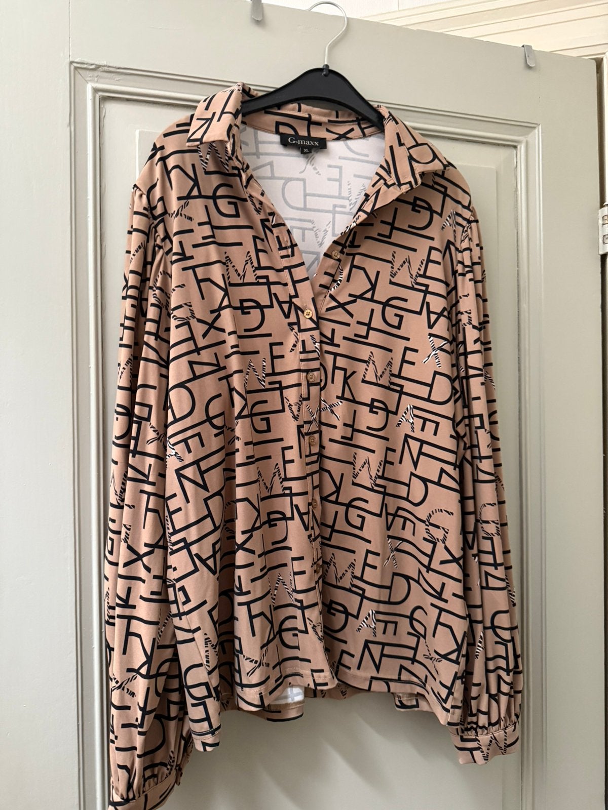 G-maxx travelstof blouse bruin beigr zwart print maat XL, Ophalen of Verzenden, Zo goed als nieuw, Maat 46/48 (XL) of groter, Zwart