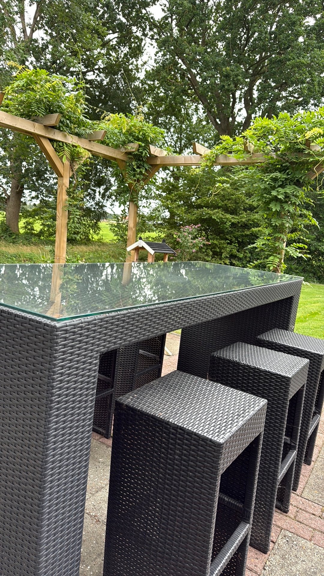 Hoge tuinset met 6 krukken – Nette staat, Doe-het-zelf en Verbouw, Ladders en Trappen, Ophalen, Zo goed als nieuw, 4 meter of meer
