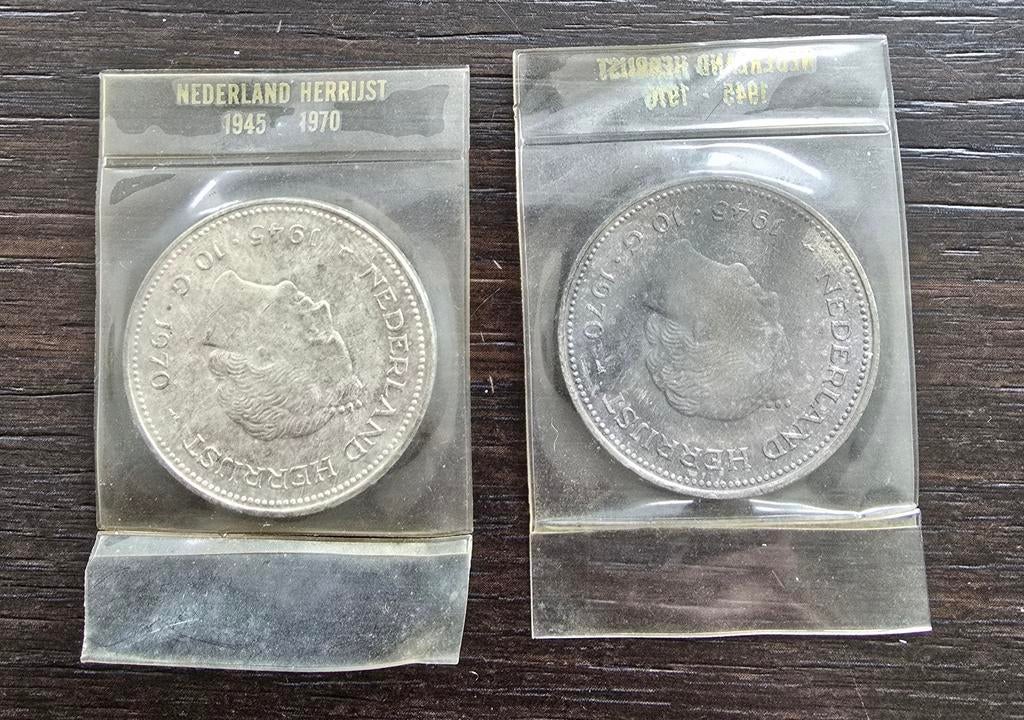2x Zilveren 10 Gulden Nederland Herrijst 1945-1970, Koningin Juliana, Setje, Zilver, Ophalen of Verzenden