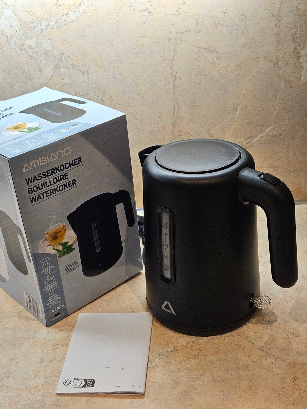 Nieuwe Ambiano Waterkoker - Zwart, 1.7L, 1 tot 2 liter, Ophalen of Verzenden, Nieuw