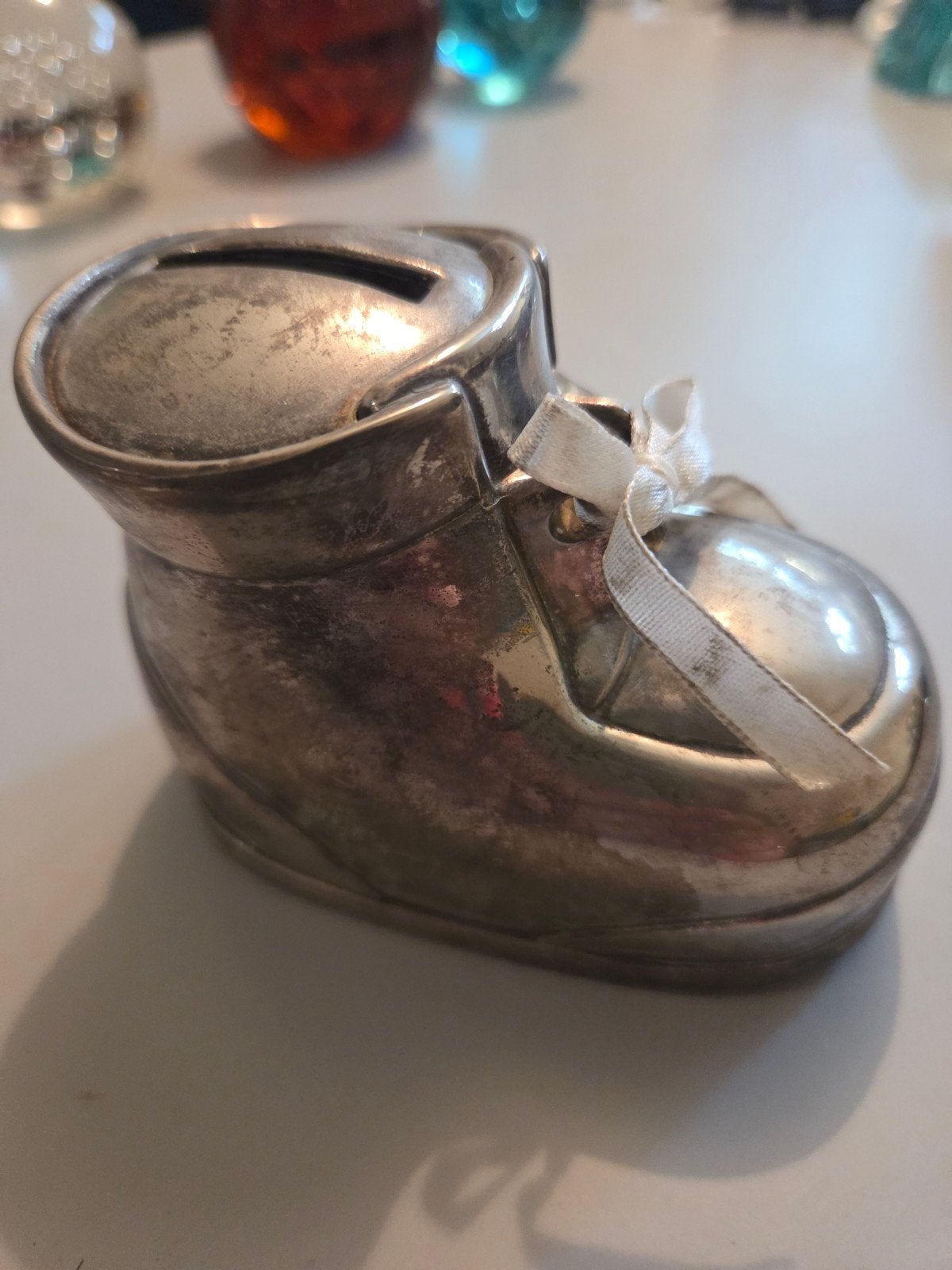 Vintage Verzilverde Babyschoen Spaarpot 10 euro, Ophalen of Verzenden, Gebruikt, Metaal of Blik, Overige thema's