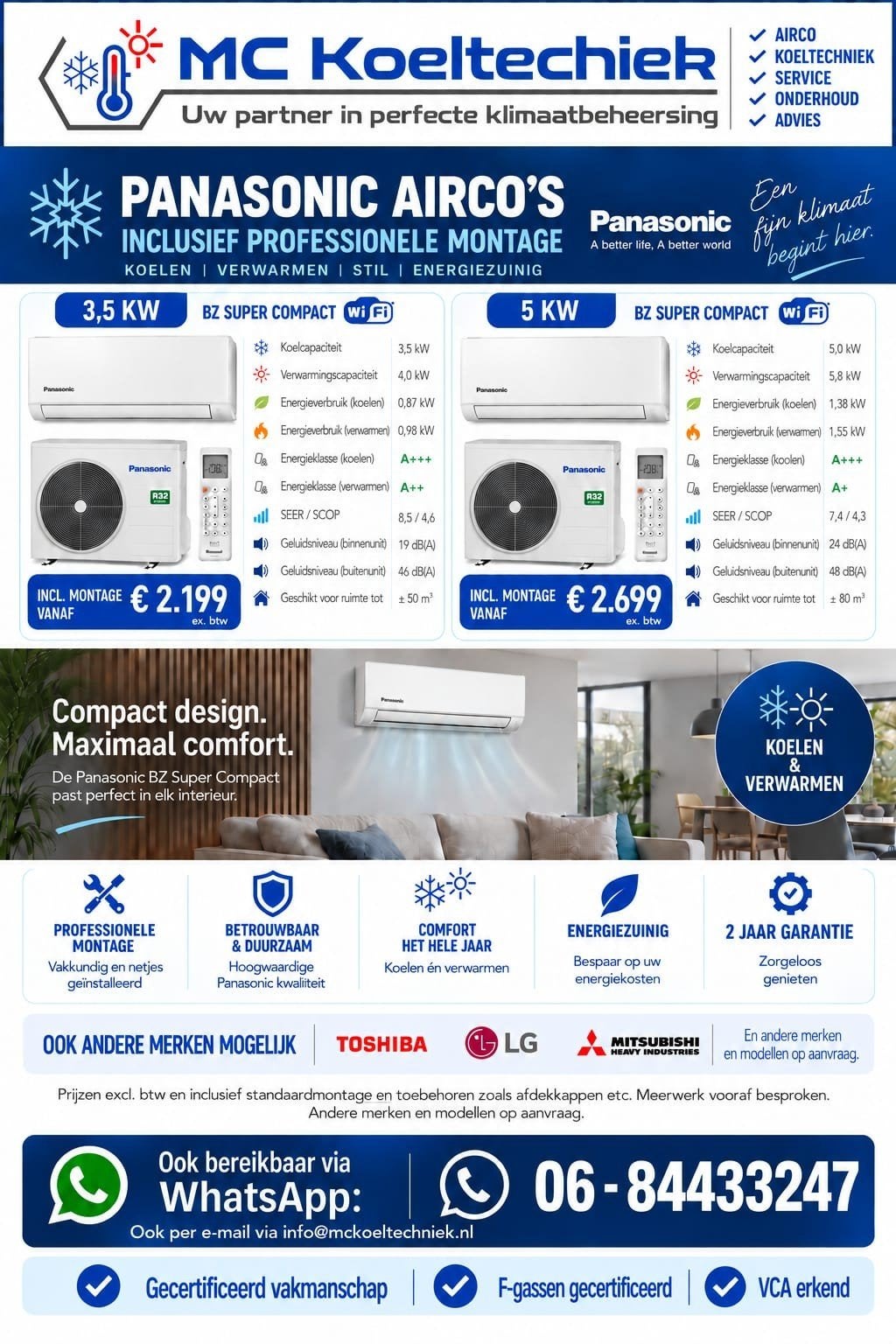 Panasonic Airco 3,5 & 5 kW WiFi  Incl. professionele montage, Ophalen, Nieuw, Koelen en Ontvochtigen, Wandairco