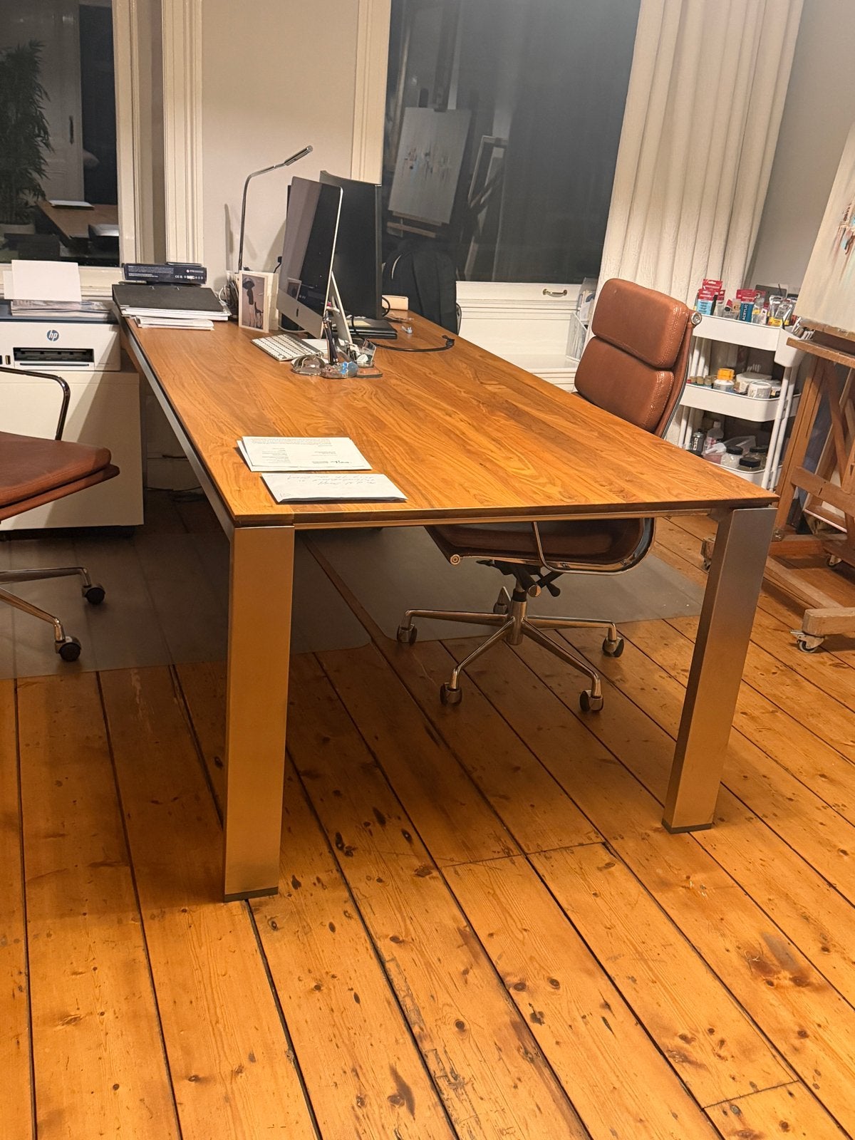 Onverwoestbare Arco graphic eettafel bureau notenhout metaal, Ophalen, Gebruikt, Hout, Bruin