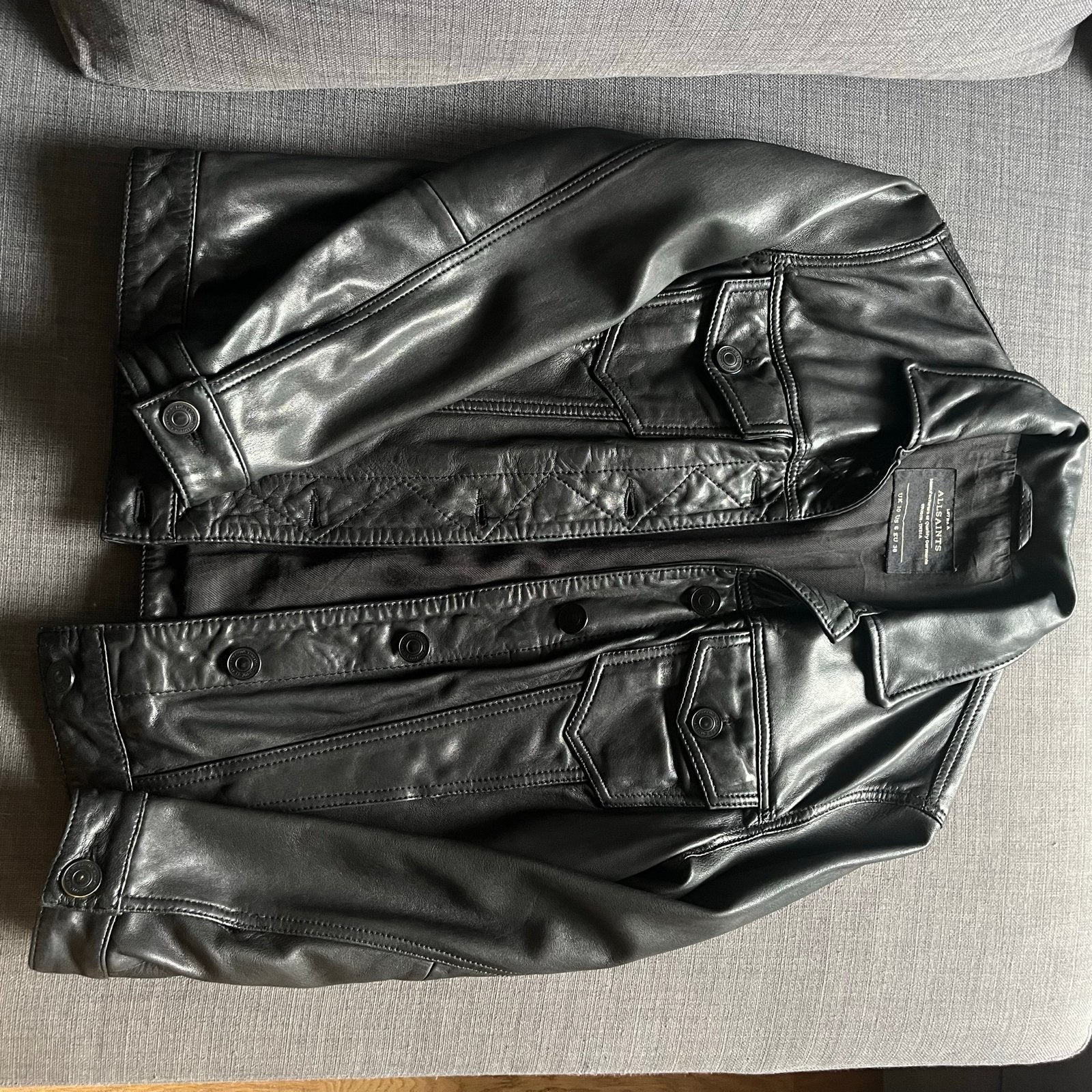 All Saints Zwart Leren spijkerjack - Maat 38, Ophalen of Verzenden, Zo goed als nieuw, Maat 38/40 (M), Zwart