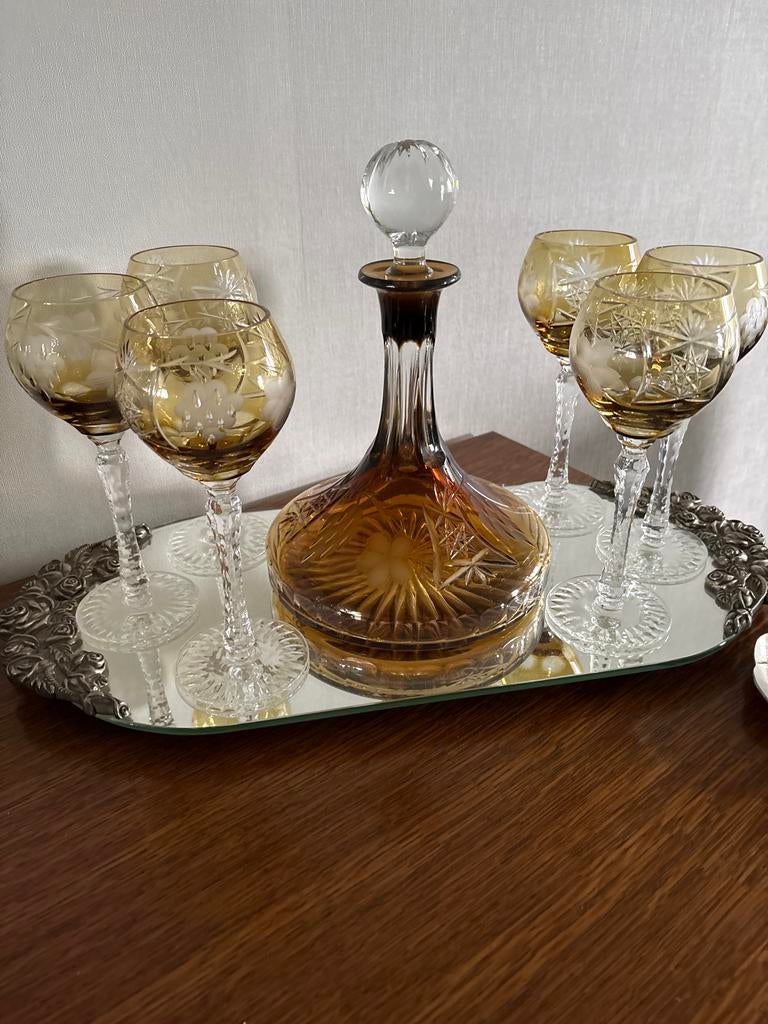 Vintage Amberkleurige Karaf met 6 Glazen op Dienblad, Antiek en Kunst, Antiek | Glas en Kristal, Ophalen of Verzenden