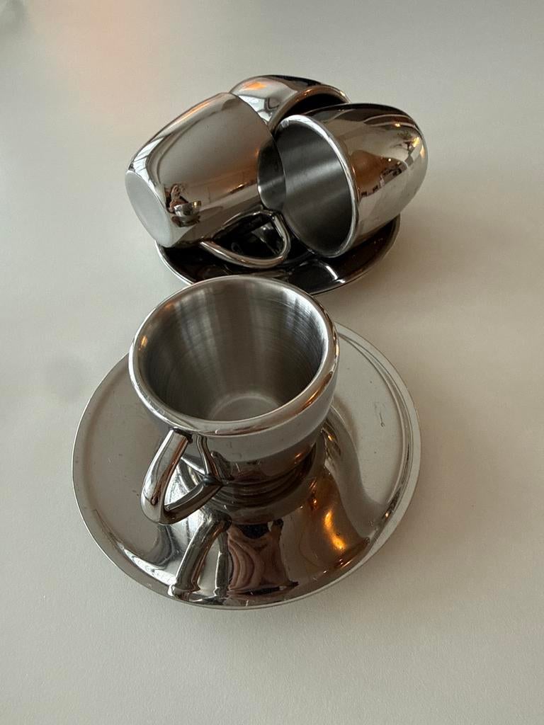 4 st RVS dubbelwandige espresso kop & schotel, Overige materialen, Ophalen of Verzenden, Zo goed als nieuw, Effen