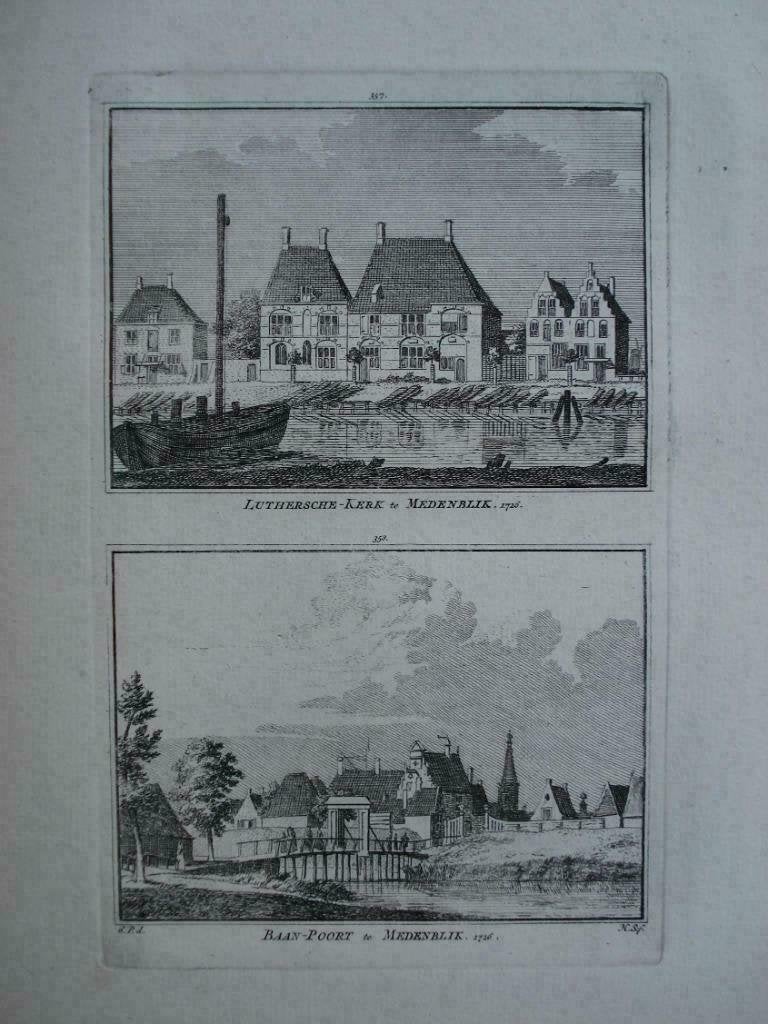 357-358 / Medemblik Lutherschepoort   Kopergravure 1752, Antiek en Kunst, Ophalen of Verzenden