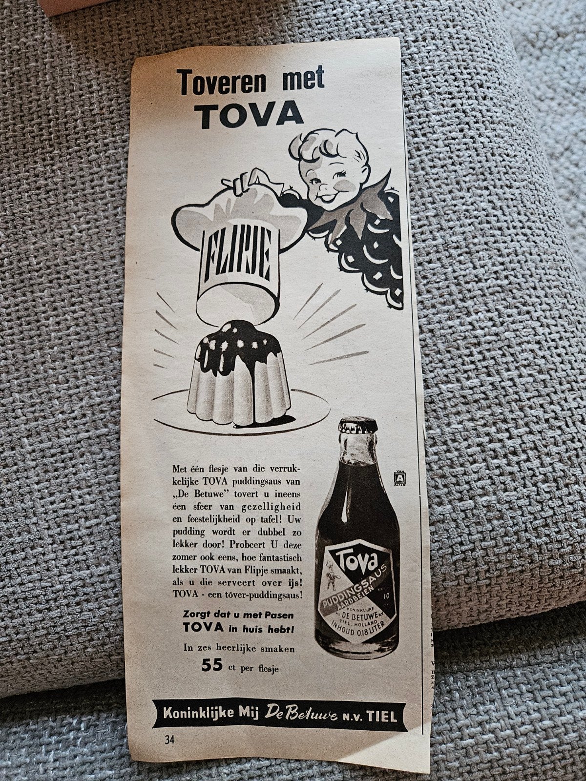 Betuwe Tiel Tova Puddingsaus Advertentie - De Betuwe, Verzamelen, Ophalen of Verzenden, 1940 tot 1960, Nederland, Knipsel(s)