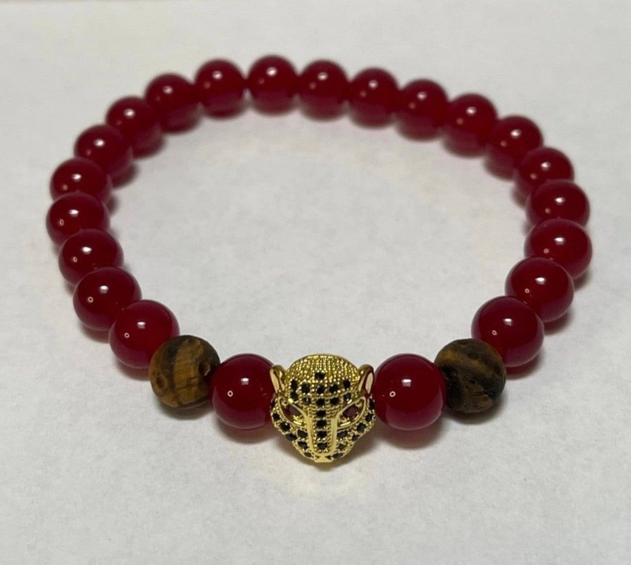 Set van Red Ruby en Tiger Eye Armband met Panterhoofd, Overige materialen, Nieuw, Ophalen of Verzenden, Met bedels of kralen