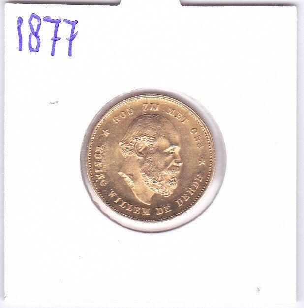 Mooi gouden tientje 1877 Willem 3, Koning Willem III, Losse munt, 10 gulden, Goud