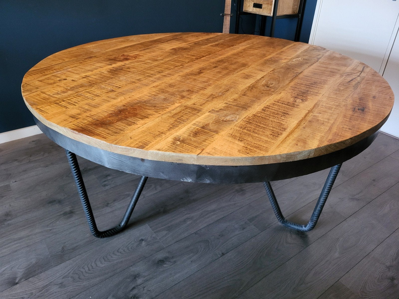 Ronde eettafel mangohout, Ophalen, Gebruikt, 150 tot 200 cm, Rond