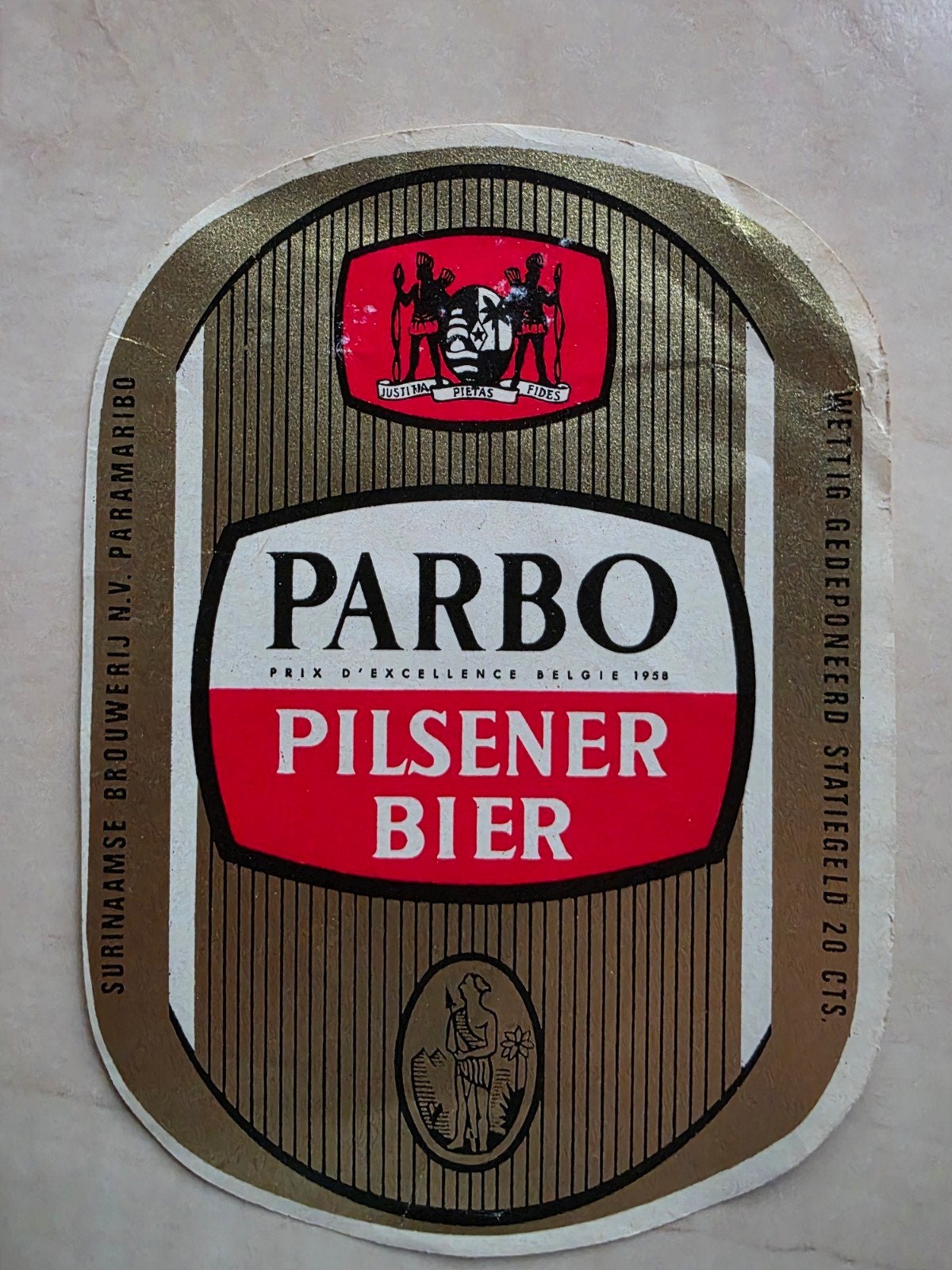 123) BIERETIKET PARBO PILSENER SURINAAMSE BROUWERIJ  NV, Verzamelen, Biermerken, Verzenden, Gebruikt, Overige typen, Overige merken