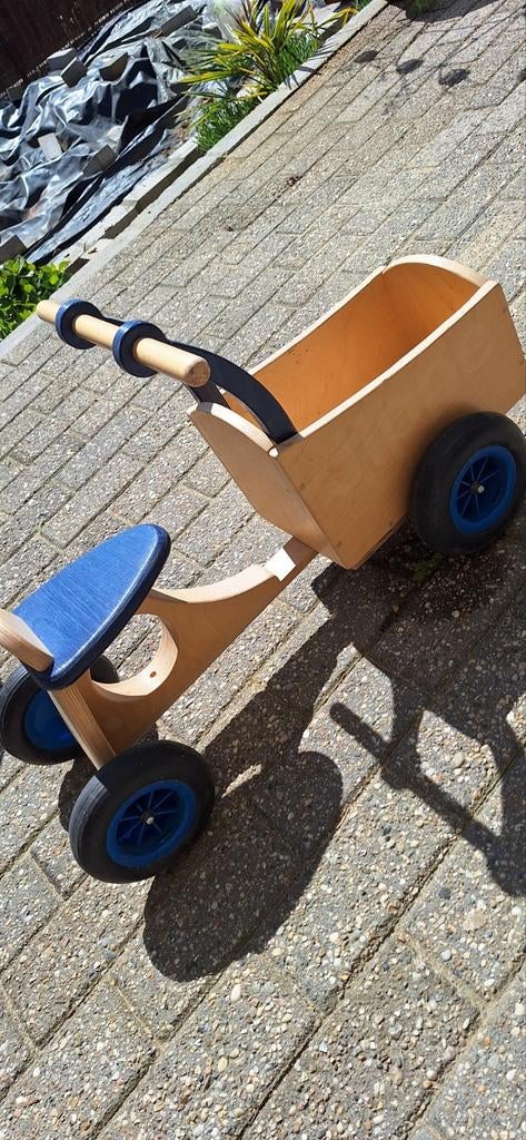 Houten loopfiets met kar - Blauw, Ophalen of Verzenden, Gebruikt, Loopfiets